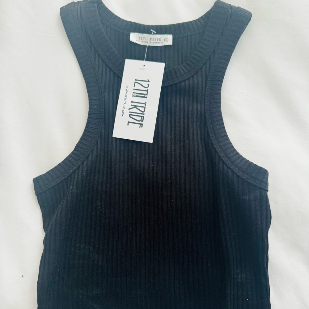12th Tribe black high neck crop tank top